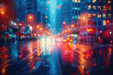 blurred urban background, city at rainy night, road and the traffic lights - obrazy, fototapety, plakaty