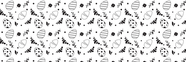 Easter eggs horizontal seamless pattern. Easter seamless border. Easter decoration with easter eggs. Hand drawn easter bunnies background,  Vector illustration. EPS 10