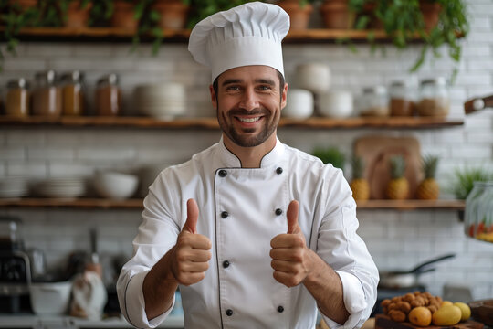 Portrait of a smiling male chef showing thumbs up in the kitchen