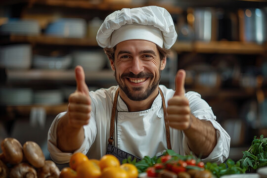 Portrait Of A Smiling Male Chef Showing Thumbs Up In The Kitchen With Blurred Vegetables On Foreground