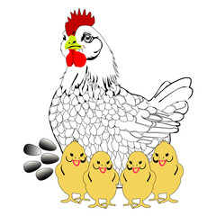 White Hen with Four Chicks & Five Eggs