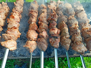 Cooked pork meat. Barbecue lunch. Appetizing shashlik on skewers on plate