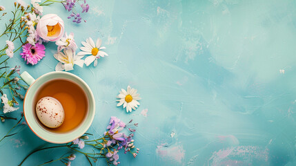 colorful easter eggs in a white cup and a blue flower. copy space