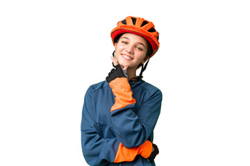 Teenager cyclist girl over isolated chroma key background smiling - obrazy, fototapety, plakaty