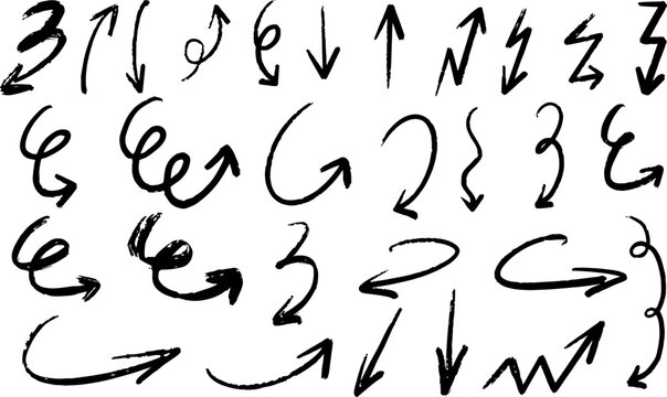 Set of vector hand-drawn arrows. Collection of hand drawn arrows on transparent background. Arrow mark icons. Vector EPS 10