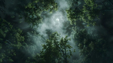 photo of a moonlit forest, view from top looking down sparse undergrowth