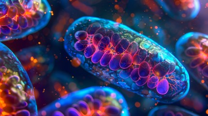 Vivid 3D illustration of mitochondria within a cell, symbolizing cellular energy and biology. Conceptual representation for health, medicine, and scientific education. - obrazy, fototapety, plakaty