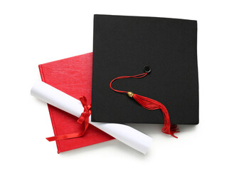 Mortar board with diploma and book on white background