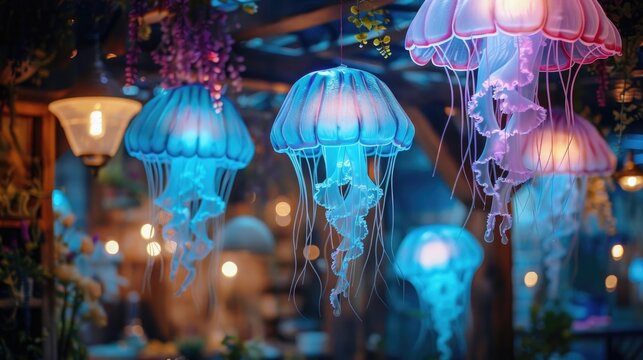 Lamps In The Shape Of Fancy Jellyfish. Interior Design In Jellyfishcore Aesthetic Style