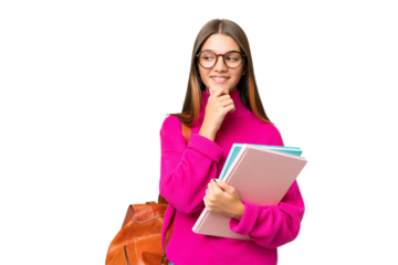 Teenager student caucasian girl over isolated background looking to the side and smiling