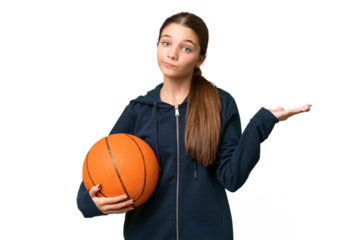 Teenager caucasian girl playing basketball over isolated background having doubts while raising hands