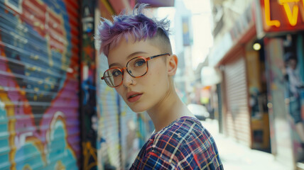 A woman with purple hair and glasses stands in front of a graffiti wall