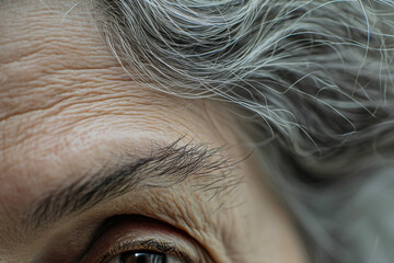 Fototapeta premium A close-up of head with gray hair and wrinkles on their forehead