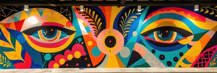 Fototapeta premium Colorful mural with geometric patterns and eyes - A vibrant street art painting featuring a symmetrical design of eyes with geometric shapes and colors