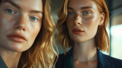 Fototapeta premium Two women with red hair and blue eyes are standing next to each other
