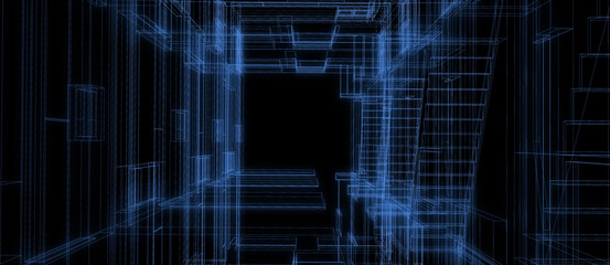 Smart building automation system digital intelligent technology abstract background architecture 3d blue wireframe construction over black background
