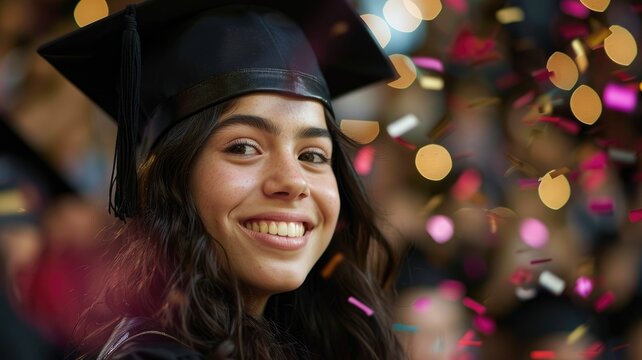 Close-up of a smiling graduate - Portrait of a smiling young female graduate amidst confetti celebration