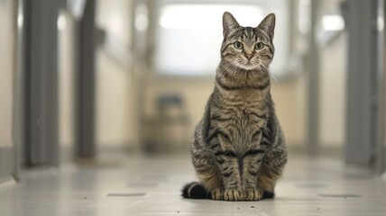 Fototapeta na wymiar Elegant tabby cat positioned in a corridor - An elegant tabby cat stands poised in a modern corridor, exuding grace and confidence