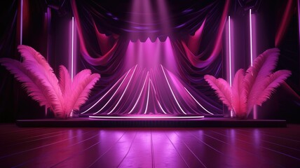 Elegant stage with purple feather decorations - An impressive stage setup featuring grand purple feather arrangements and theatrical curtains - obrazy, fototapety, plakaty