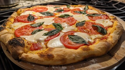 Fresh homemade Margherita pizza on board - A freshly baked Margherita pizza with vibrant basil leaves and melted mozzarella on a wooden board