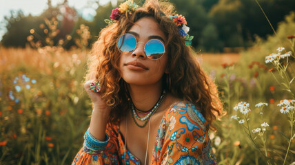 Young beautiful woman wearing sunglasses and a crown of flowers. - Powered by Adobe