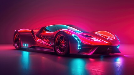 Futuristic red sports car in neon lights - A modern red sports car with sleek design and futuristic neon lighting against a vivid backdrop