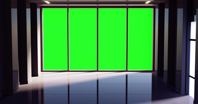 3D rendering of a sleek black office space with a large window, featuring a green screen background for seamless video editing. Modern design, transparency, animation-ready for business presentation