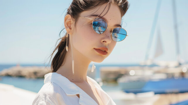 Beautiful young woman in sunglasses on the seashore