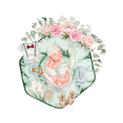 Watercolor newborn set clipart illustration