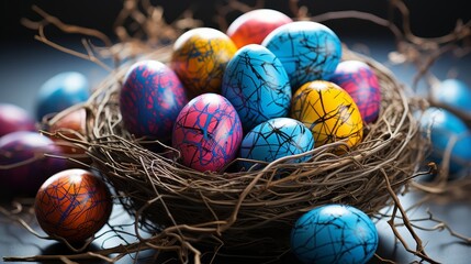 Beautiful colorful striped eggs in the nest. A creative Happy Easter card.