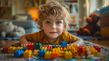 A child plays with a colored construction set