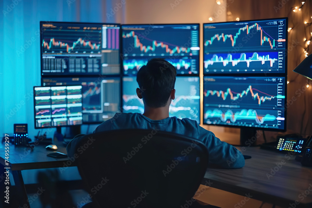 Poster a person sitting at a desk with multiple computer screens displaying cryptocurrency trading data