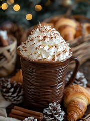 A creamy Italian hot chocolate adorned with white whipped cream. Rich Italian hot chocolate with croissants in luxurious and indulgent gourmet pastry.