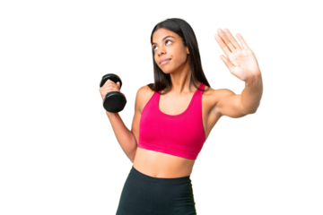 Young African American woman sport woman making weightlifting over isolated chroma key background making stop gesture and disappointed