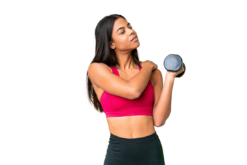 Young African American woman sport woman making weightlifting over isolated chroma key background suffering from pain in shoulder for having made an effort