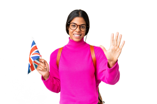 Young African American woman holding an United Kingdom flag over isolated chroma key background counting five with fingers