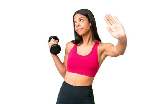 Young African American woman sport woman making weightlifting over isolated chroma key background making stop gesture and disappointed - Powered by Adobe
