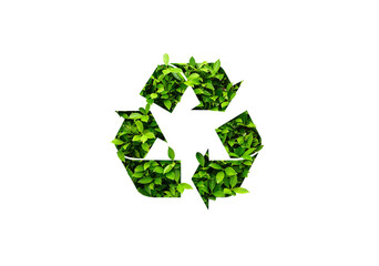 Symbol of waste recycling with green leaves isolated on white background with clipping path.