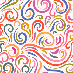 Colorful abstract hand drawn doodle thin line wavy seamless pattern with curly lines, swirls, twists. Curly linear sky or sea messy background. - 749559828