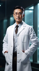 Fototapeta premium Portrait of asian male confidant scientist in white coat standing with arms crossed. Generative AI
