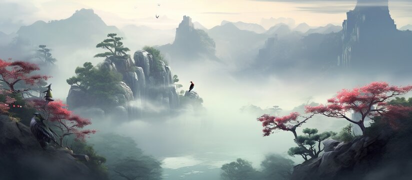 illustration of a foggy morning view in a mountain valley with various kinds of beautiful trees and beautiful birds