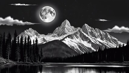 landscape with mountains and moon, lake in the foreground, black and white digital pencil sketch...