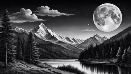 landscape with moon and clouds, mountains in the background, black and white digital pencil sketch, wall art, decor. 