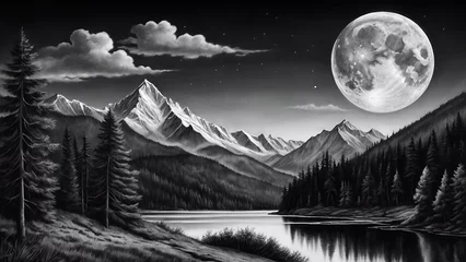 Cercles muraux Gris landscape with moon and clouds, mountains in the background, black and white digital pencil sketch, wall art, decor. 