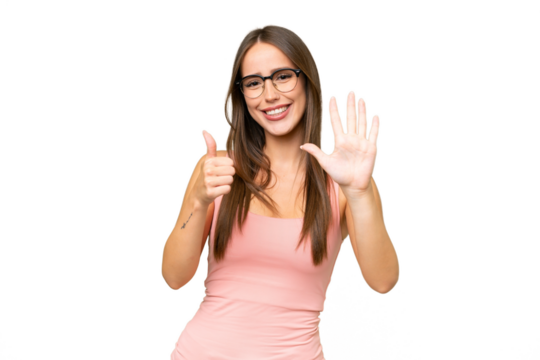 Young pretty caucasian woman over isolated background counting six with fingers