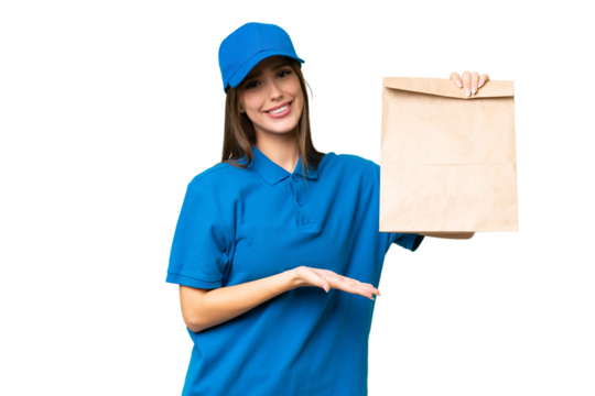 Young beautiful caucasian woman taking a bag of takeaway food over isolated background extending hands to the side for inviting to come