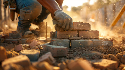 The process of laying a brick wall