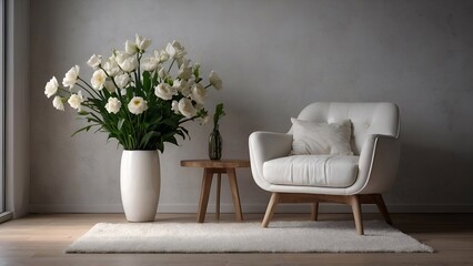 Modern Living room with white armchair and flowers in a vase - obrazy, fototapety, plakaty