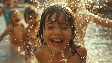 Fototapeta premium A happy child playing in the water during summer vacation.