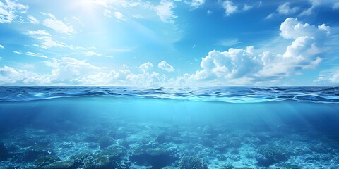 Tranquil ocean with clear sky seen from below waters surface blurred backgroundcopy space solid background. Concept Underwater, Ocean View, Clear Sky, Tranquil, Copy Space - obrazy, fototapety, plakaty